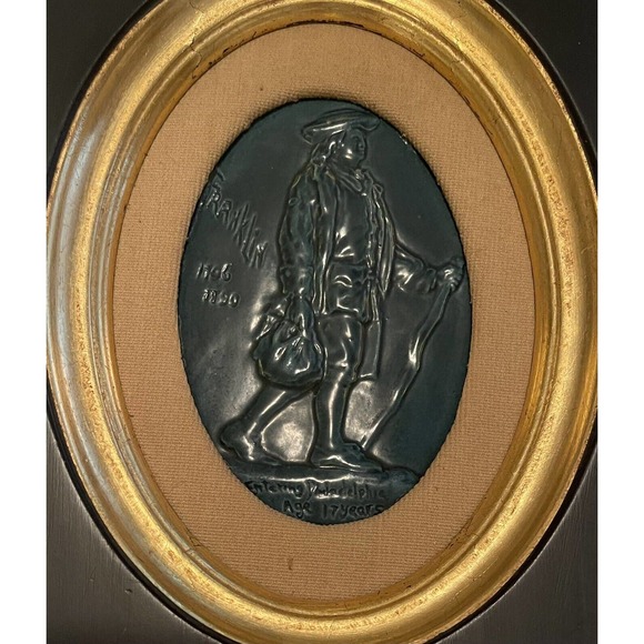 Ant. Framed Ben Franklin Ceramic Pottery Plaque Inventor Stateman Philadelphia - Picture 2 of 3